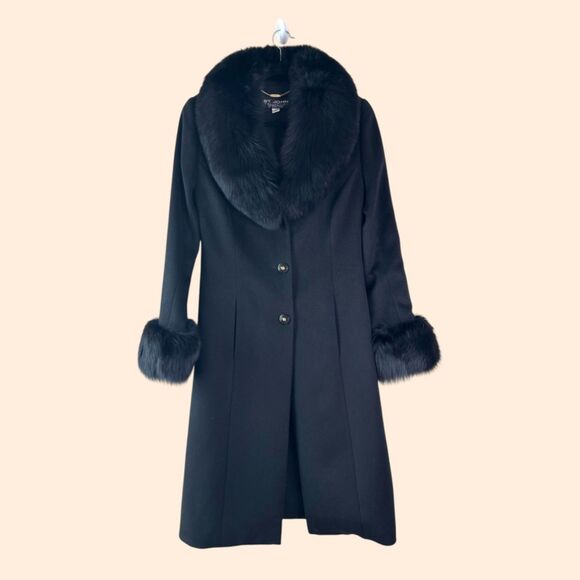 St. John Black Wool Fur Trim Coat - Picture 1 of 7